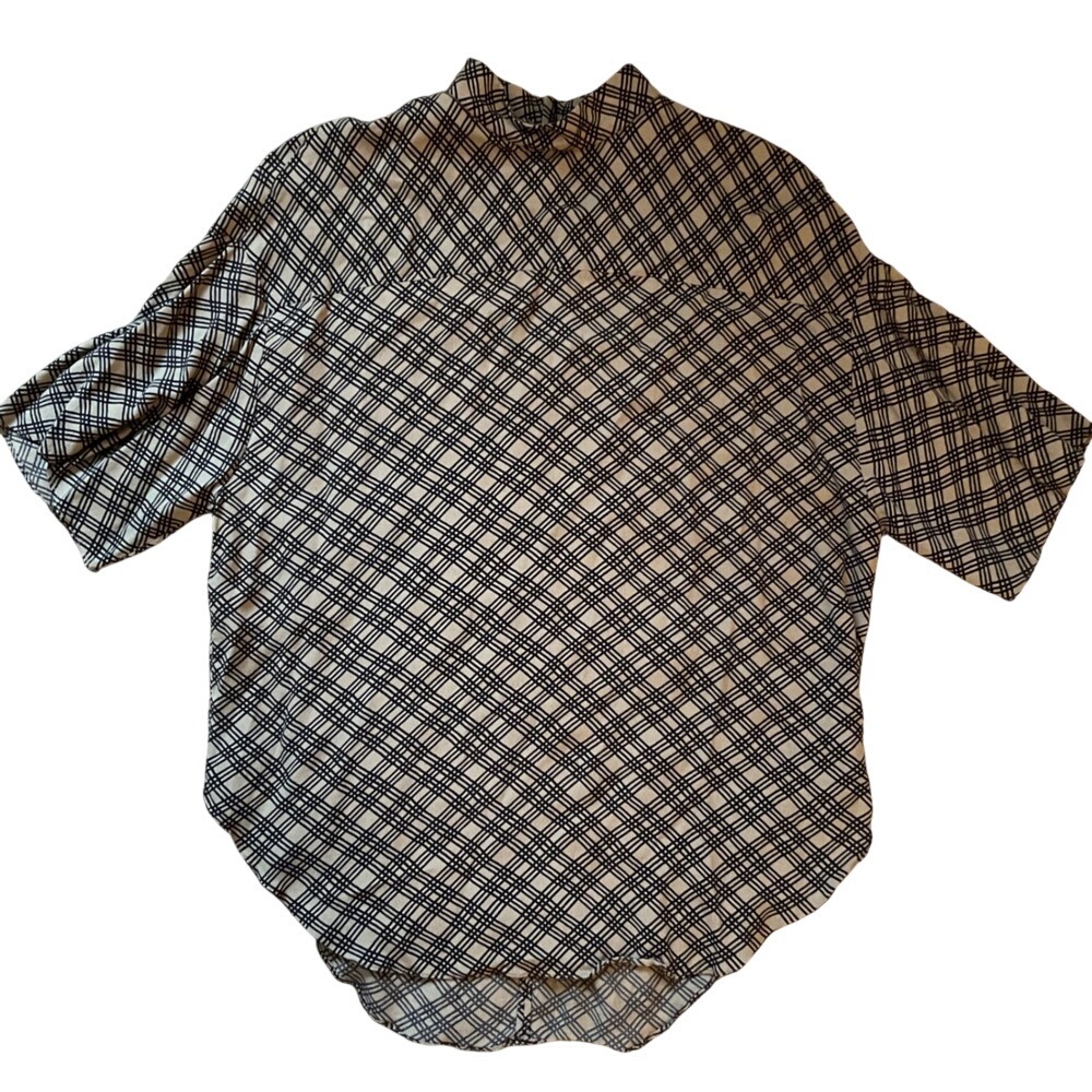 Zara Women XS Black Tan Plaid Mock Neck Short Sleeve Keyhole Blouse Top